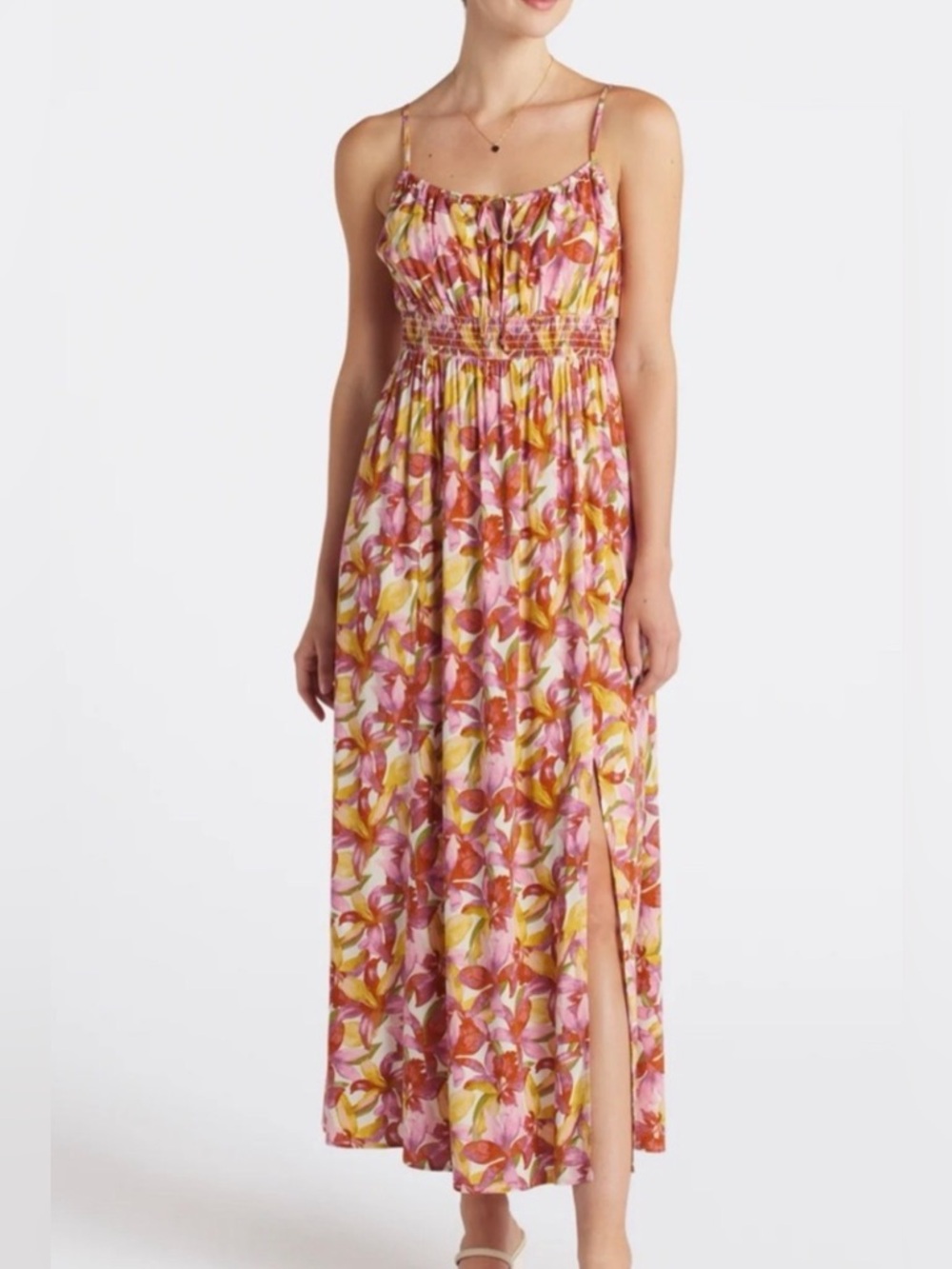 Mason & Bell Maxi Dress Womens Small Pink Floral Smocked Side Slit